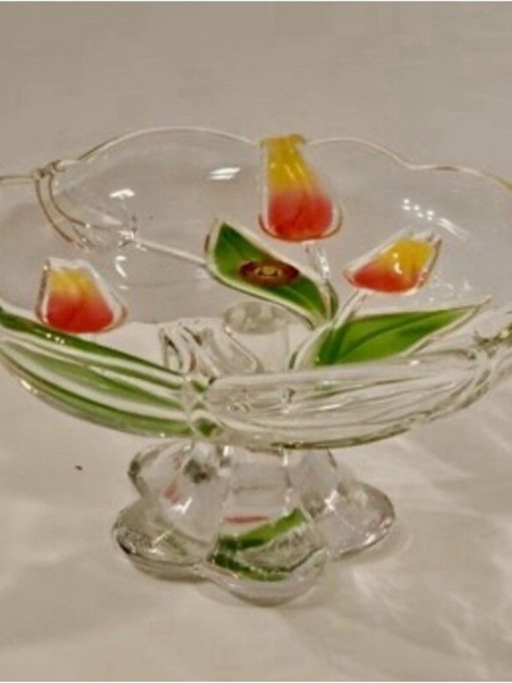 Hand-Blown Glass Pedestal Bowl with Tulip Motif in Clear, Green and Red-Yellow